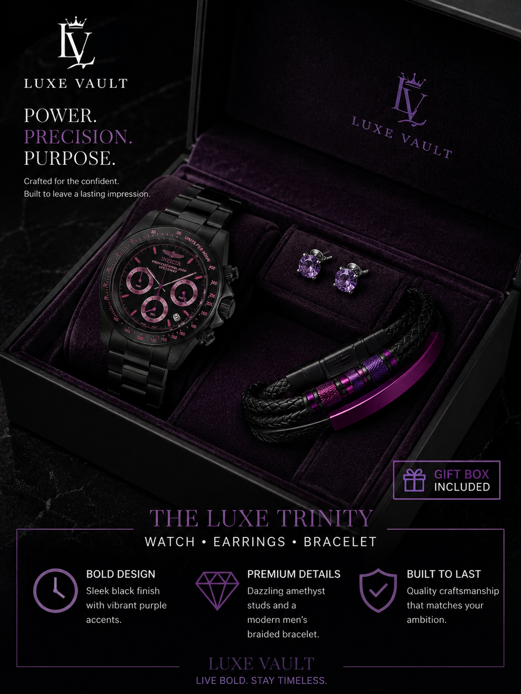 Invicta 27773 Men's Speedway Chrono watch with midnight black Bracelet and amethyst earrings 3 piece set