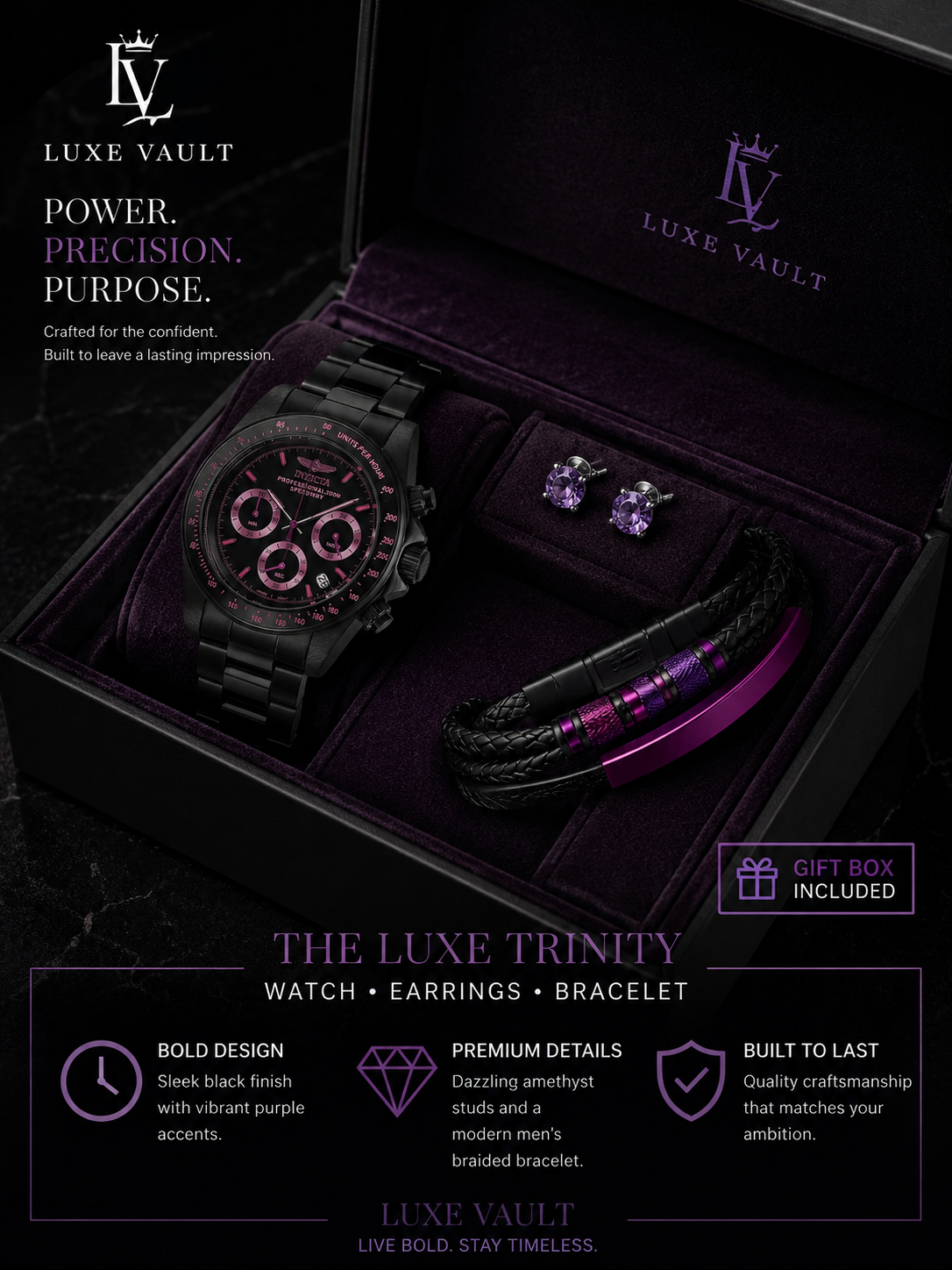 Invicta 27773 Men's Speedway Chrono watch with midnight black Bracelet and amethyst earrings 3 piece set