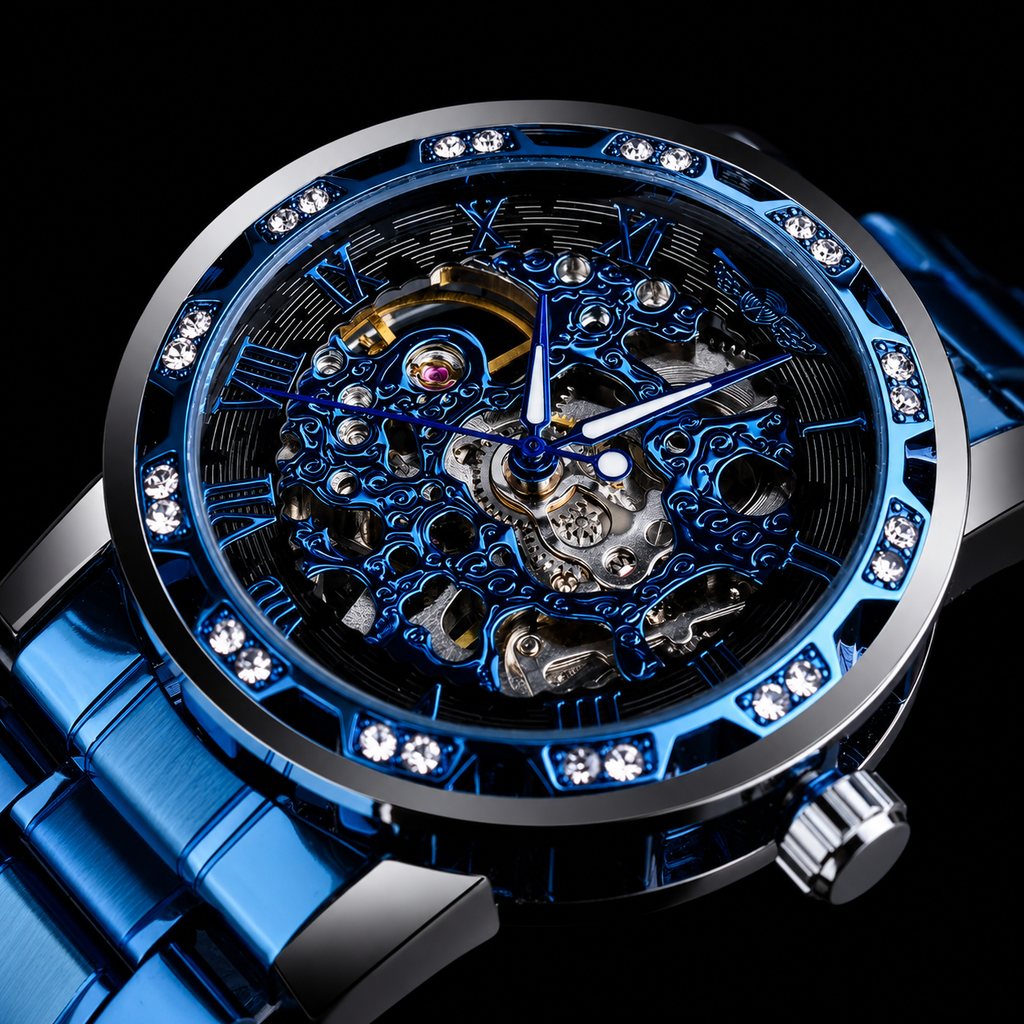 Luxe Vault Blue Sapphire Diamond Skeleton Automatic Watch.