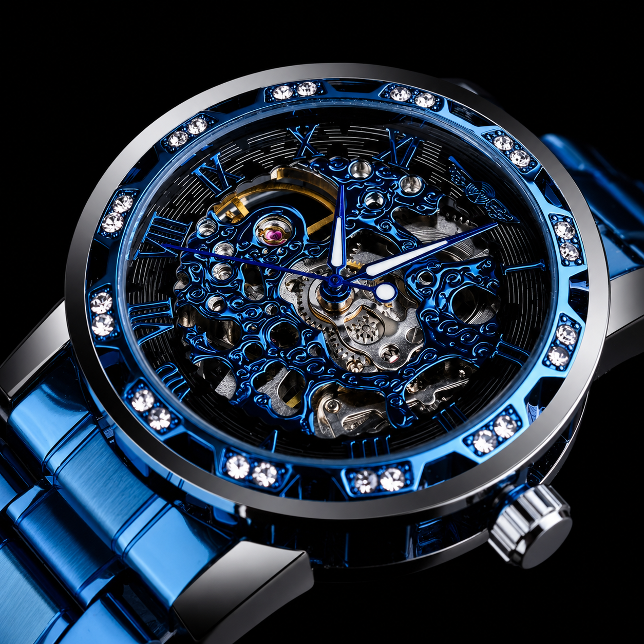 Luxe Vault Blue Sapphire Diamond Skeleton Automatic Watch.