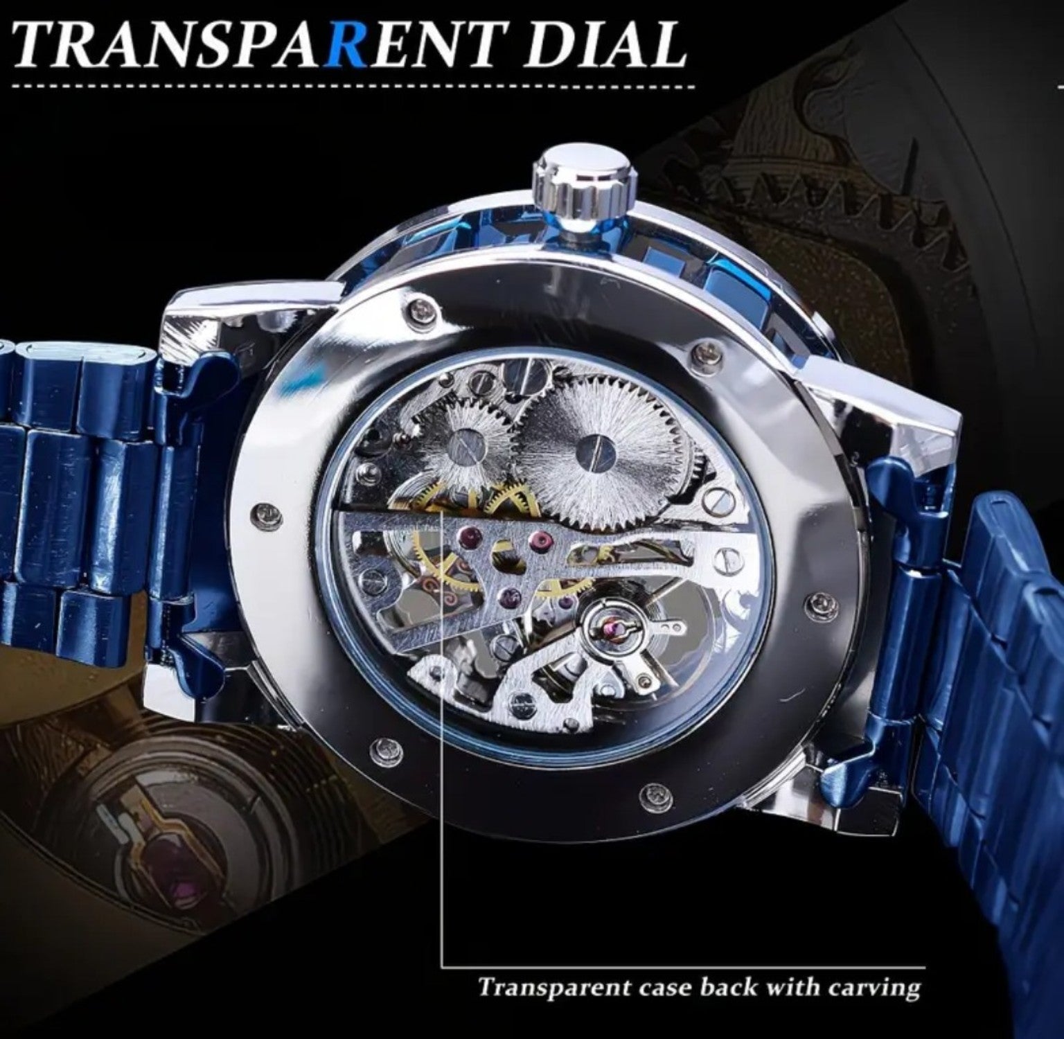 Luxe Vault Blue Sapphire Diamond Skeleton Automatic Watch.