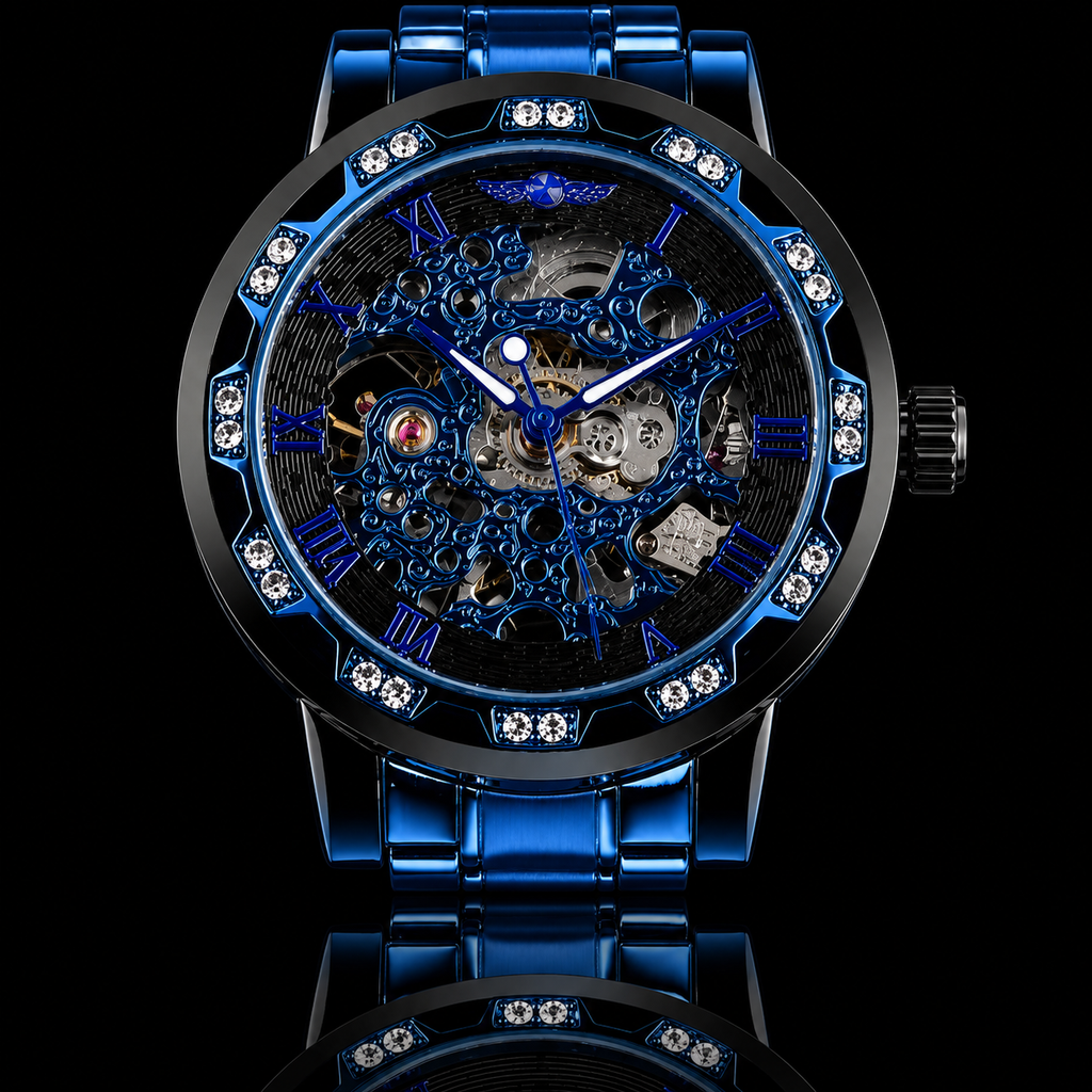 Luxe Vault Blue Sapphire Diamond Skeleton Automatic Watch.