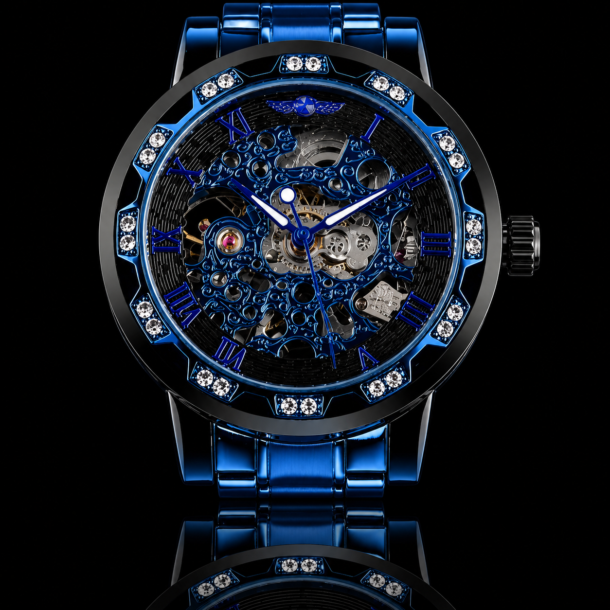 Luxe Vault Blue Sapphire Diamond Skeleton Automatic Watch.