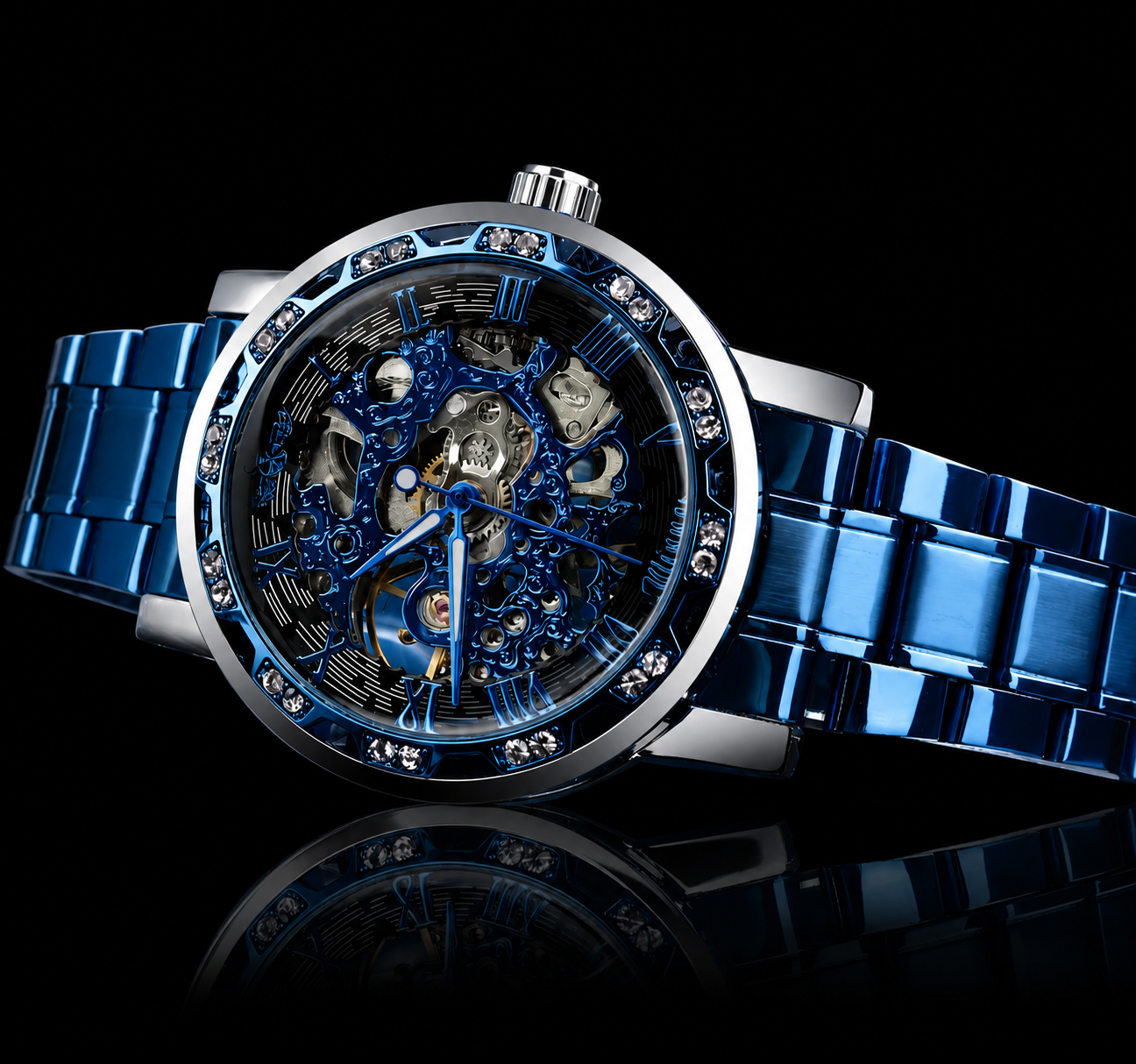 Luxe Vault Blue Sapphire Diamond Skeleton Automatic Watch.