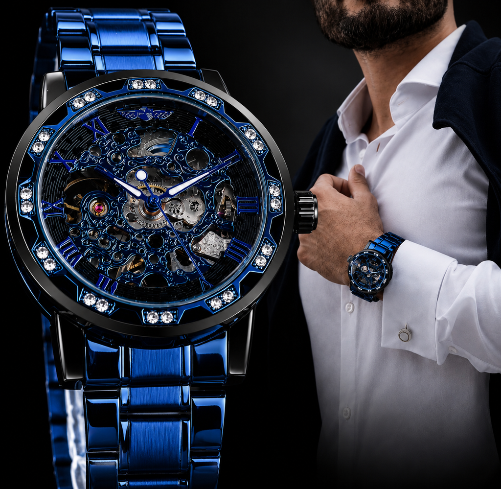 Luxe Vault Blue Sapphire Diamond Skeleton Automatic Watch.