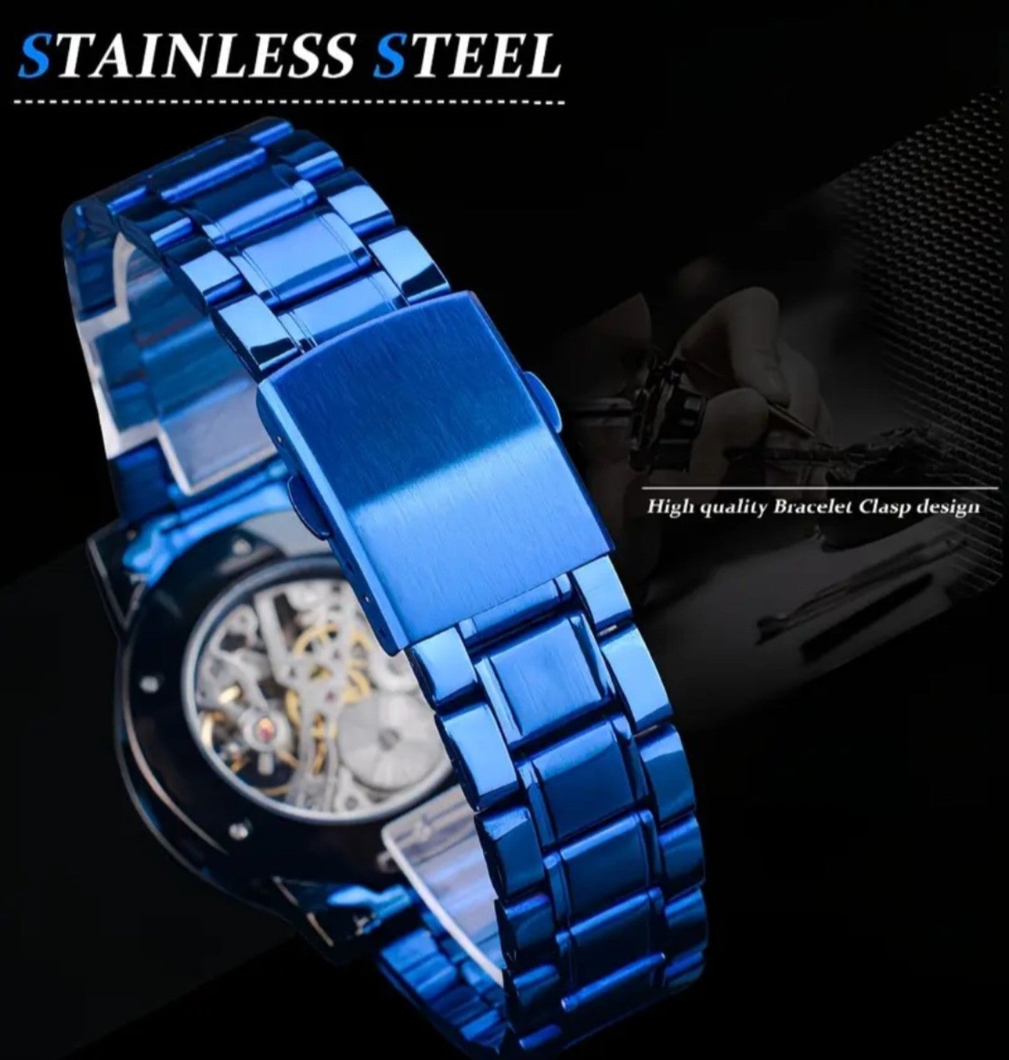 Luxe Vault Blue Sapphire Diamond Skeleton Automatic Watch.
